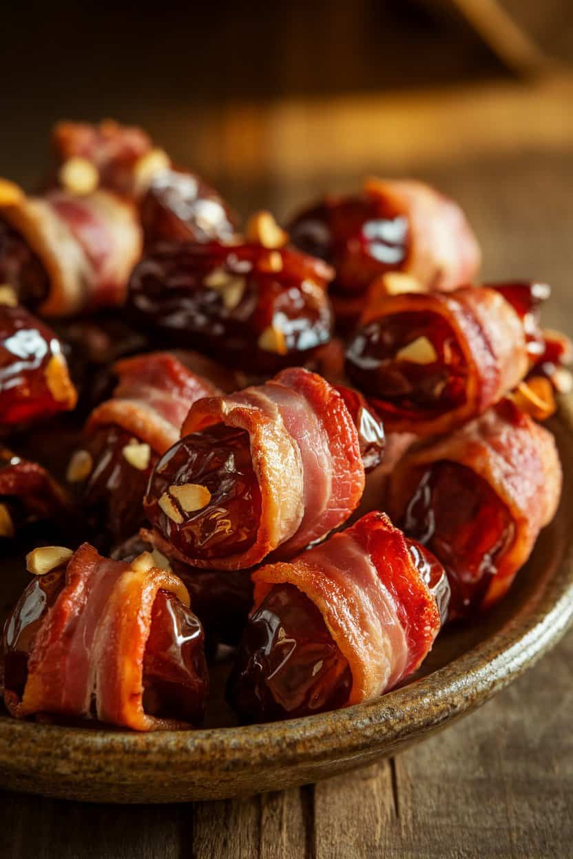 A close indoor shot of glossy bacon-wrapped dates on a rustic ceramic platter, a few almond fragments visible at the ends, warm golden light highlighting crisp bacon edges. No text or logos in frame; photo only.