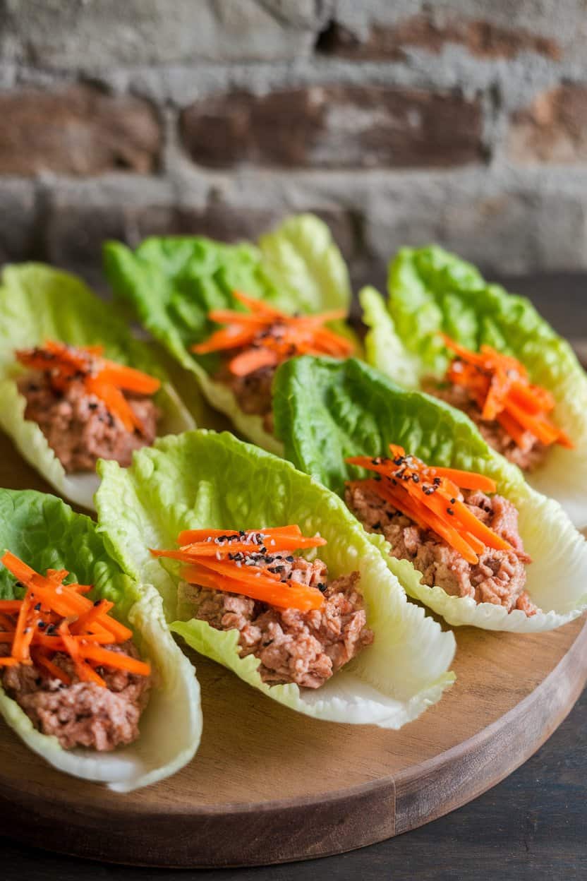 Butter lettuce leaves filled with sesame-ginger turkey mince, julienned carrots, and sesame seeds, photographed indoors. No branding or text present. Photo only.
