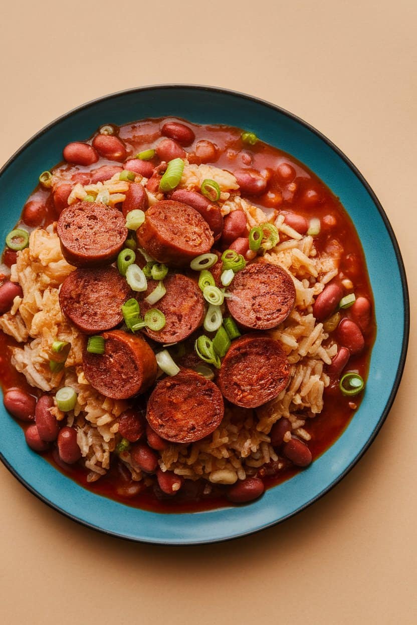 Indoor photo of red beans served over rice, sliced andouille on top, green onions sprinkled—no logos