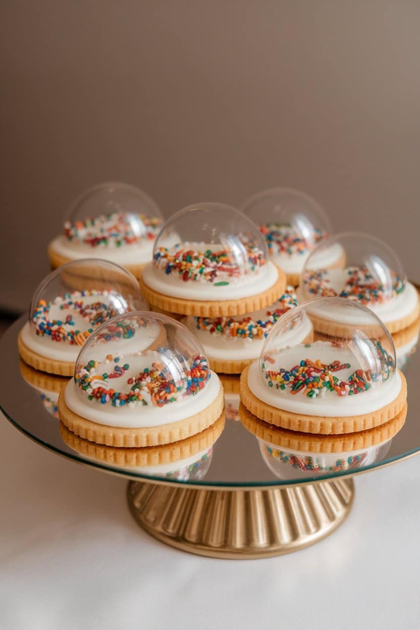 Photo of dome-shaped sugar cookies with clear isomalt windows revealing tiny sprinkle “crowds,” displayed on an indoor mirrored platter. No text or logos present.