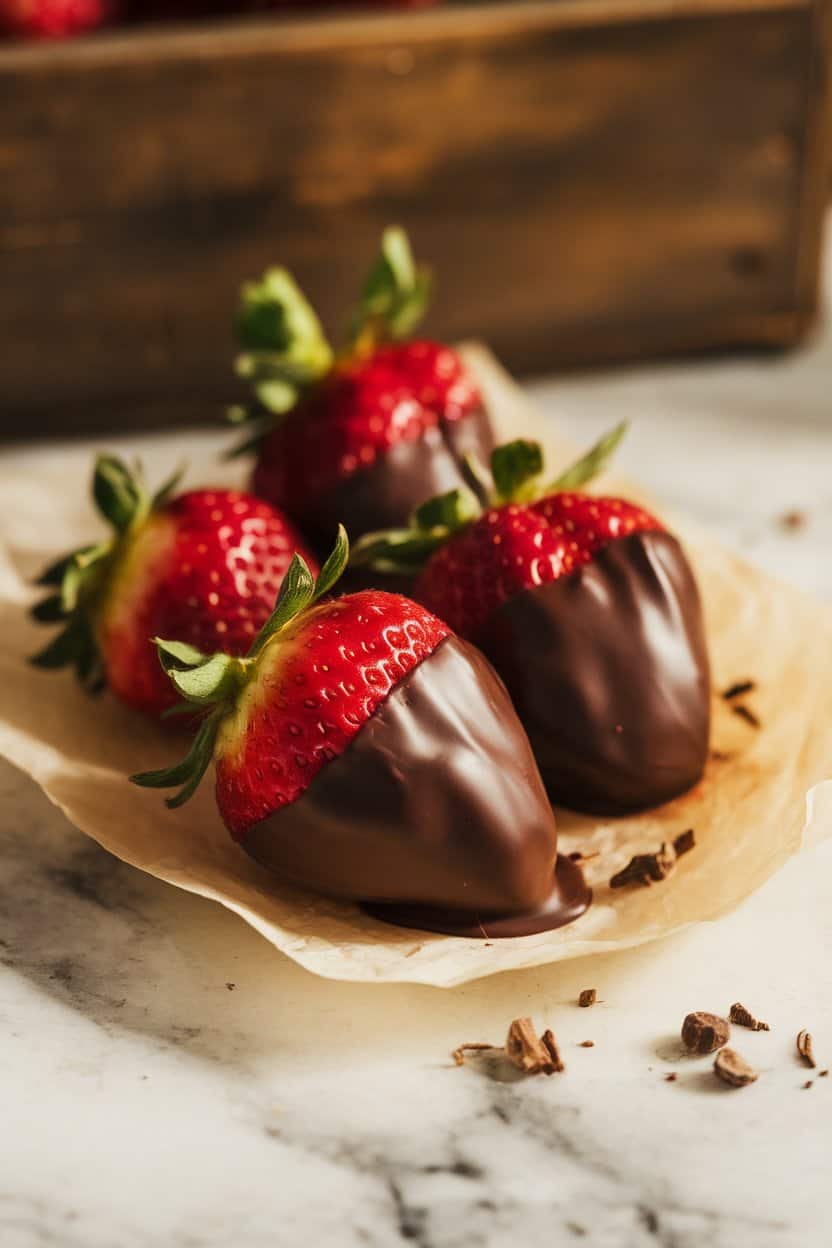A close-up indoor photo on a marble countertop of ripe red strawberries half-dipped in glossy 70 % dark chocolate, resting on parchment paper with a few cacao nibs scattered around; soft warm lighting; no text or logos.