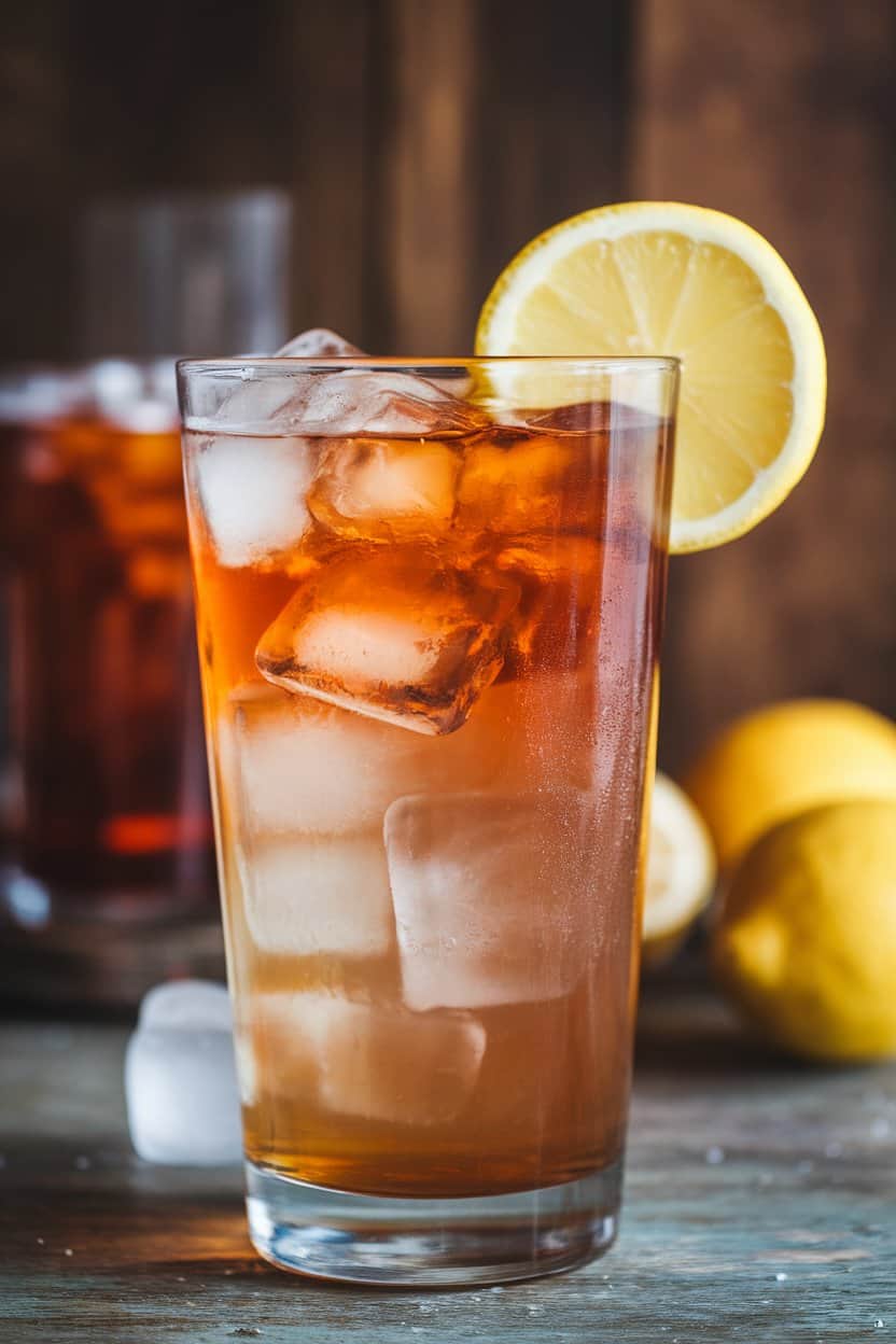 Indoor photo of a tall glass split half amber iced tea, half pale lemonade, lots of ice and a lemon wheel on rim; no text or logos.