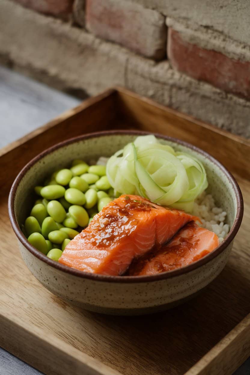 Indoor photo of a ceramic bowl featuring cooked salmon glazed with miso, nestled beside steamed rice, edamame, and pickled cucumber ribbons. No text or logos visible.