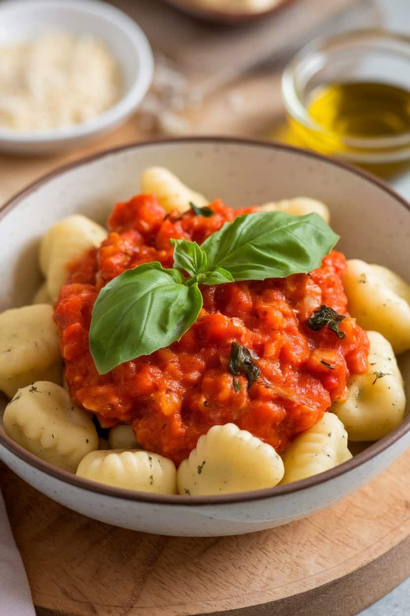 Indoor bowl of pillowy gnocchi coated in chunky tomato basil sauce, fresh basil leaf on top, no text or logos.