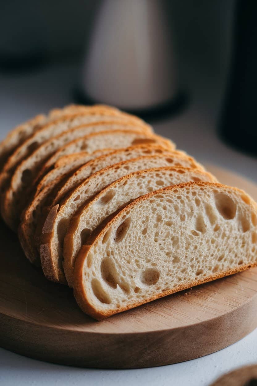 Indoor photo of toasted sourdough slices arranged fan-style on a wooden board, edges golden and crisp; soft ambient light, no text or logos.