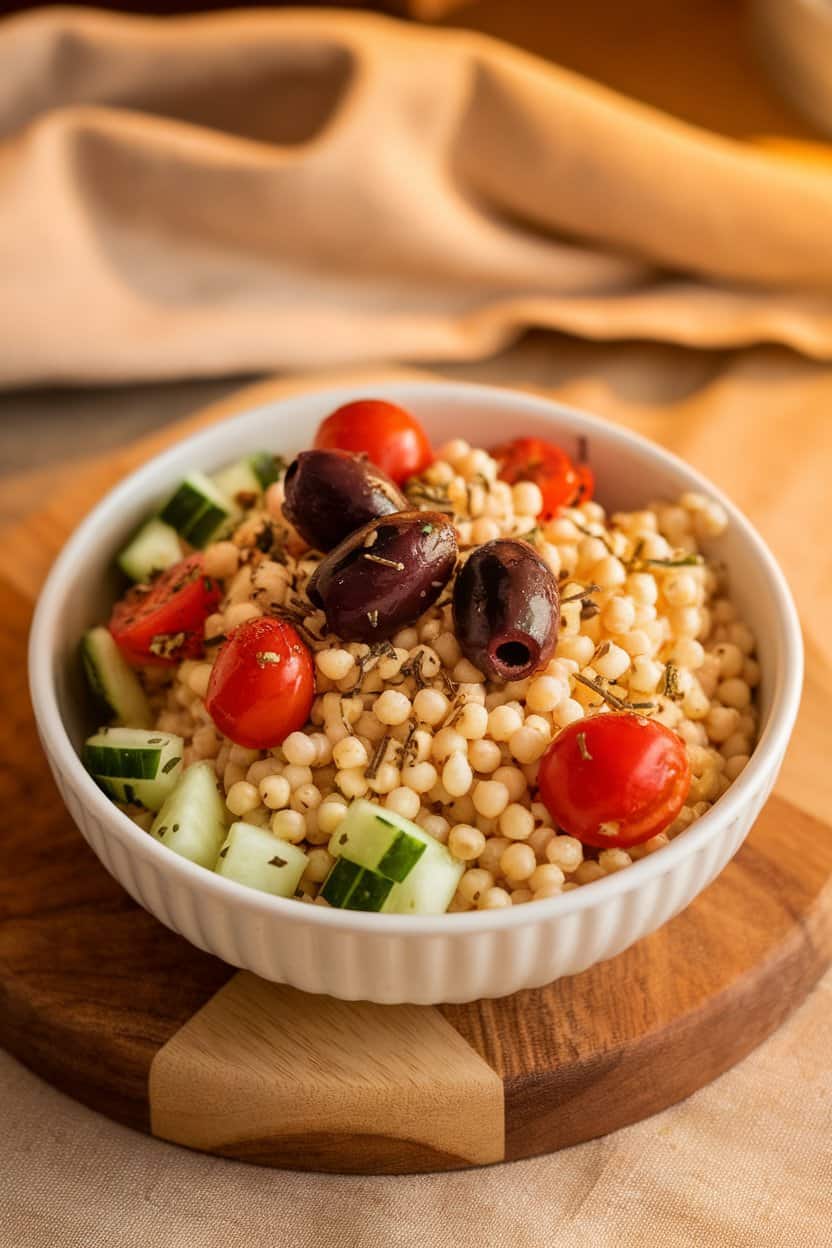 Photo of a white bowl indoors filled with pearl couscous, diced cucumber, cherry tomatoes, kalamata olives, and oregano sprinkled on top. No text or logos in sight.