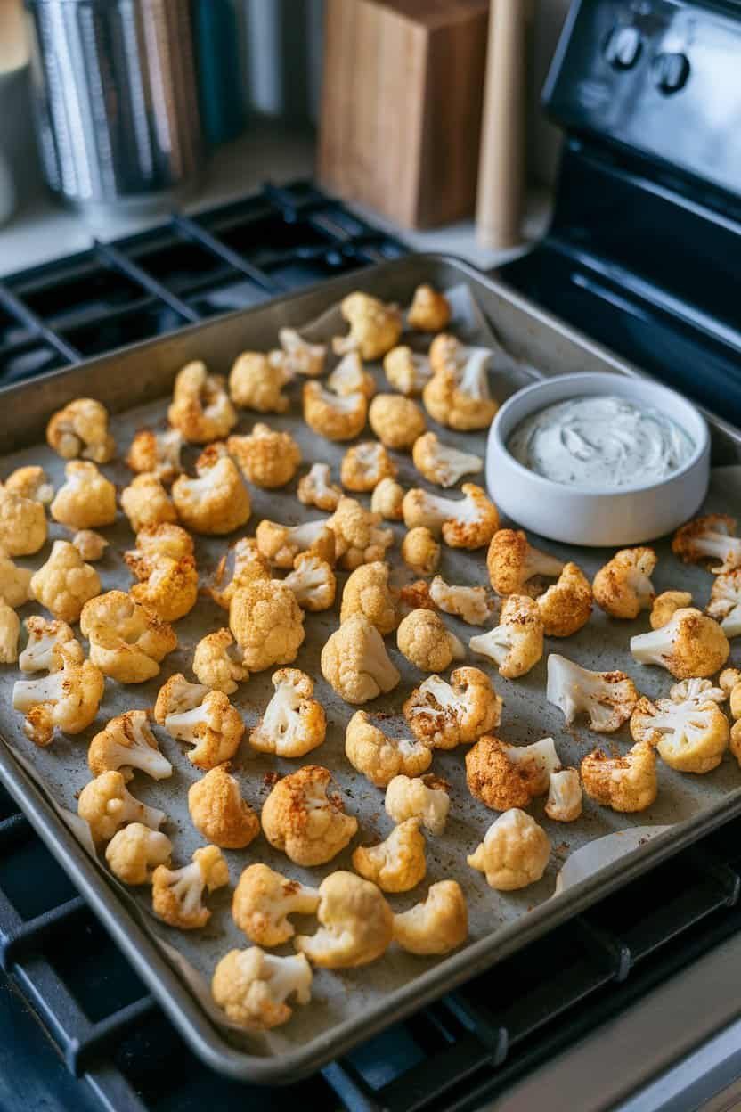 A baking sheet on an indoor stovetop with roasted cauliflower florets coated in spicy seasoning, served with a small bowl of ranch dip. No text or logos anywhere.