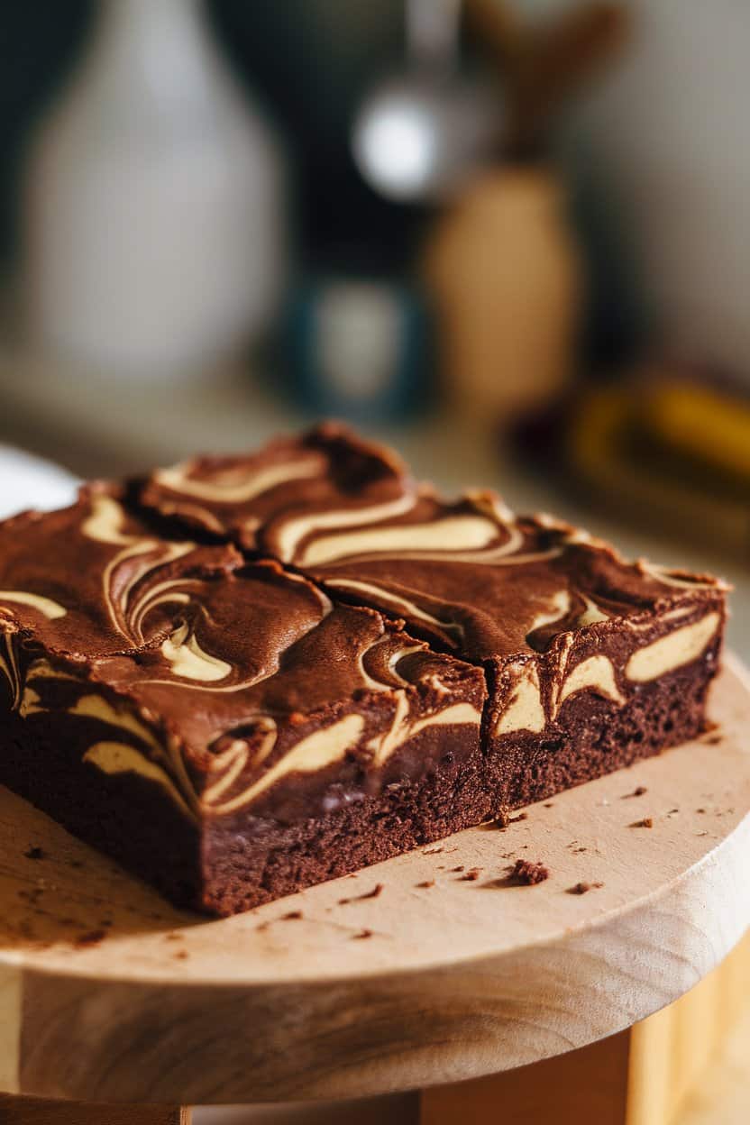 Indoor photo of a square pan of fudge-style brownies, creamy tahini swirls visible on the shiny surface. Soft kitchen lighting, no text or logos.