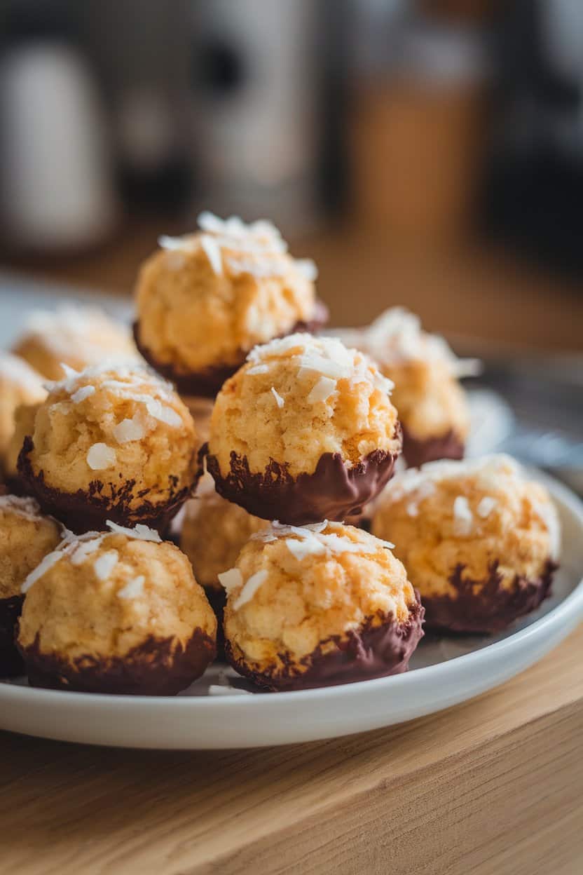A white indoor plate holding golden coconut macaroons, a few bottoms dipped in dark chocolate. No text or logos, photo.