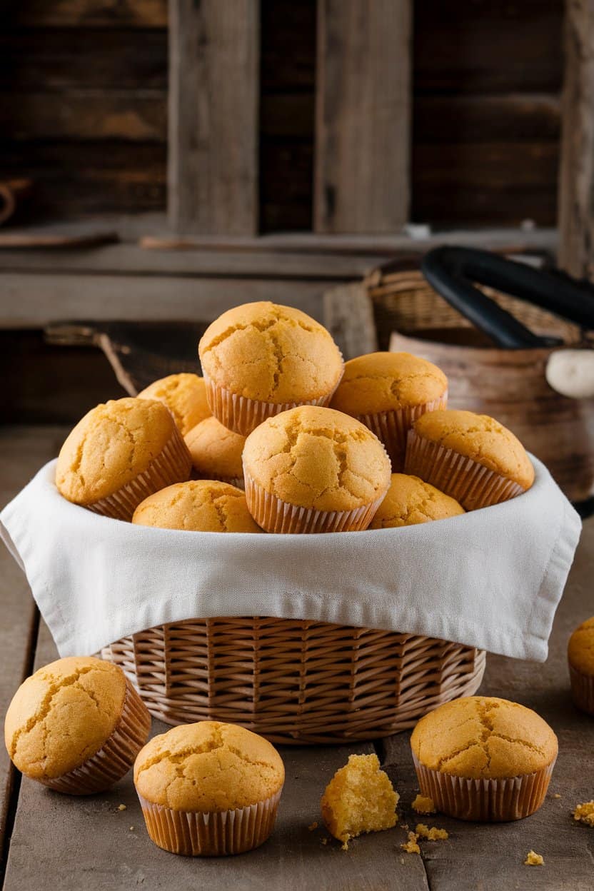 Basket lined with cloth napkin indoors containing golden cornbread muffins with cracked tops, no branding in the scene.