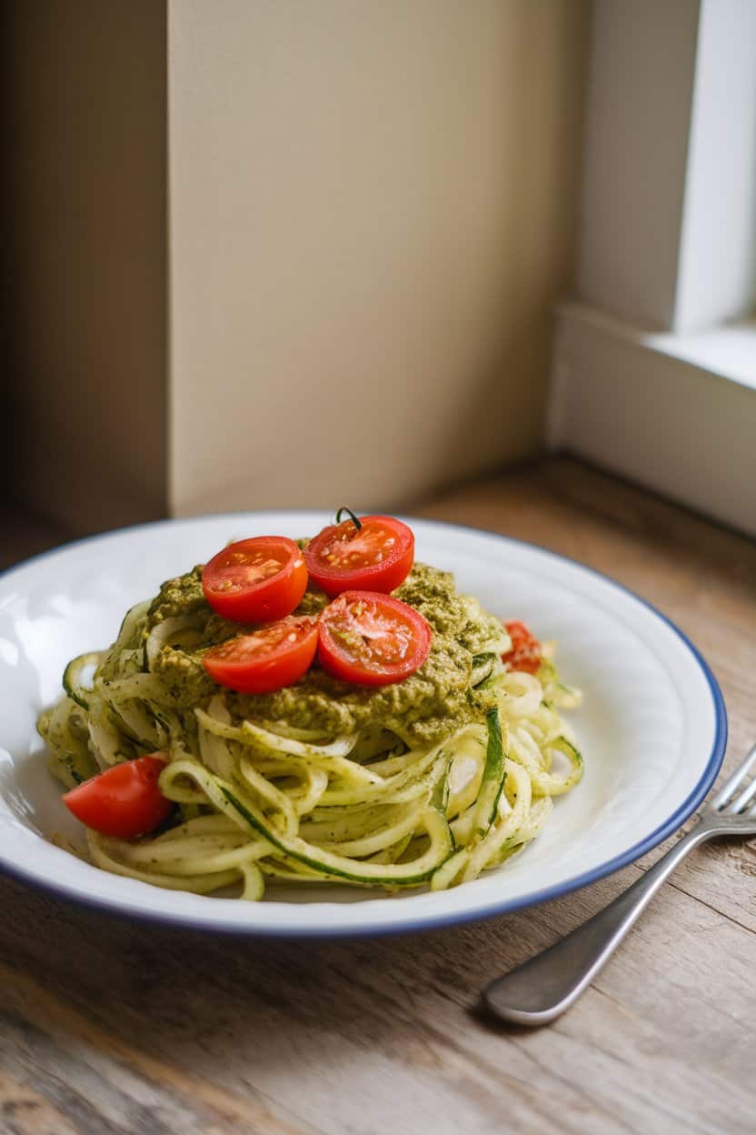 Photo of a plate of cooked zucchini noodles lightly coated in green pesto, cherry tomato halves scattered on top, taken indoors near a window. No text or logos.