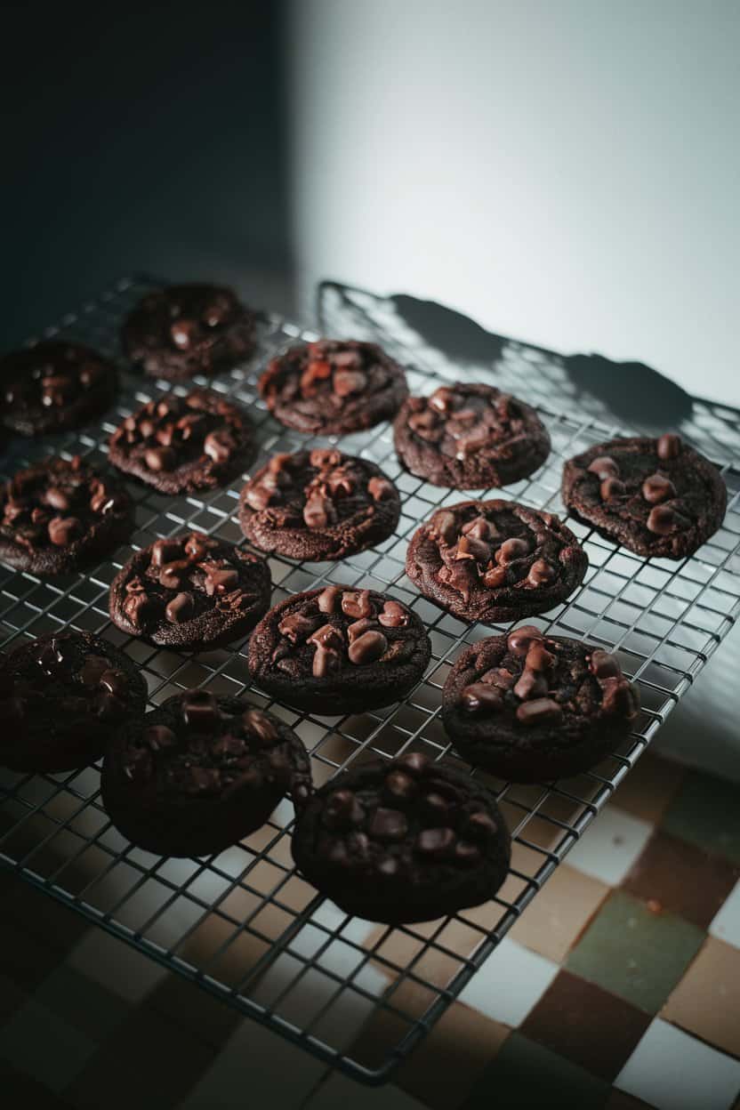 Dimly lit indoor photo of dark, fudgy vegan double chocolate cookies on a cooling rack, chocolate chunks melting, no text or logos