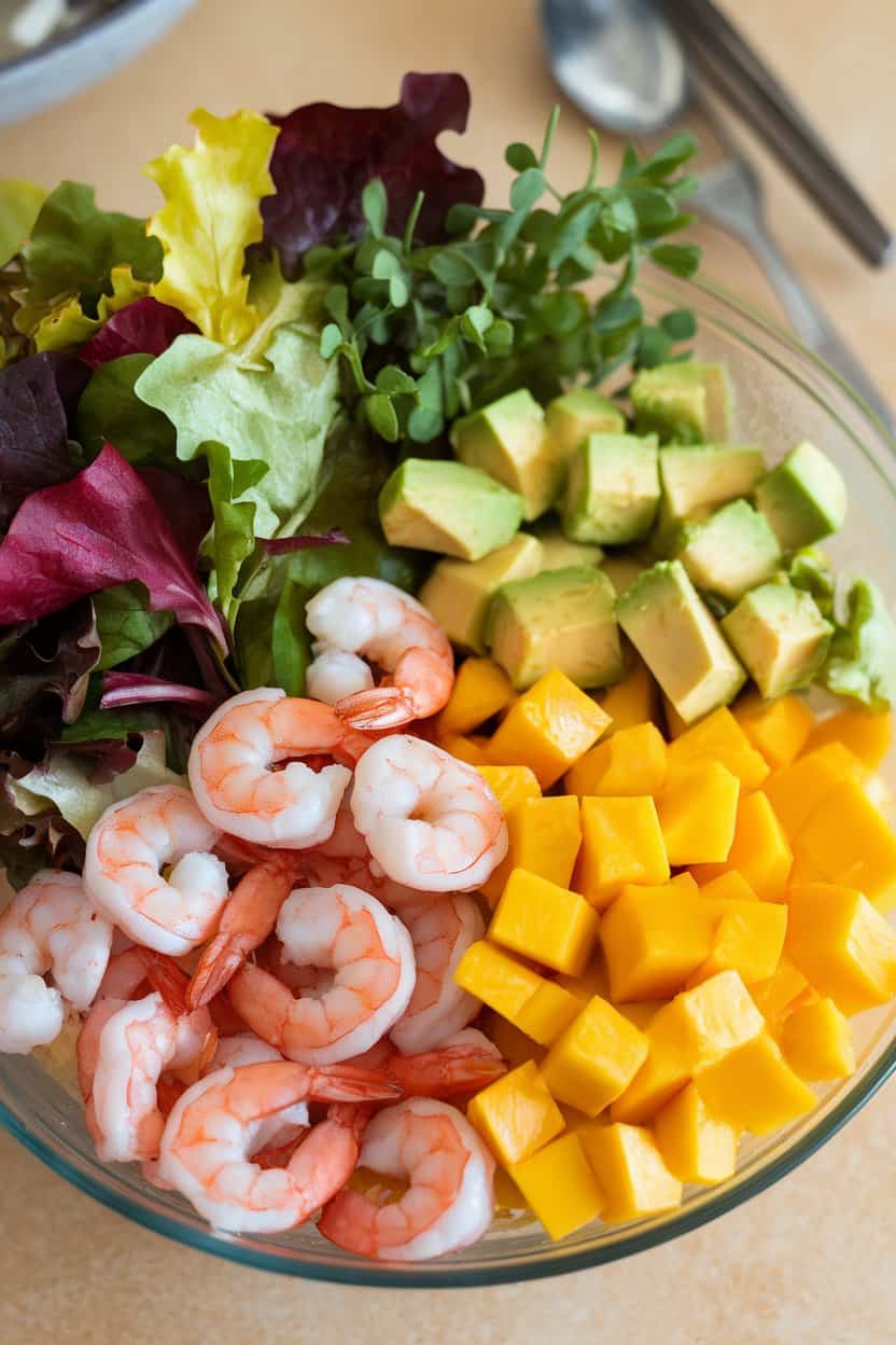 Indoor photo of a salad bowl featuring cooked shrimp, diced mango, avocado cubes, and mixed greens; bright colors, no raw seafood, no text or logos