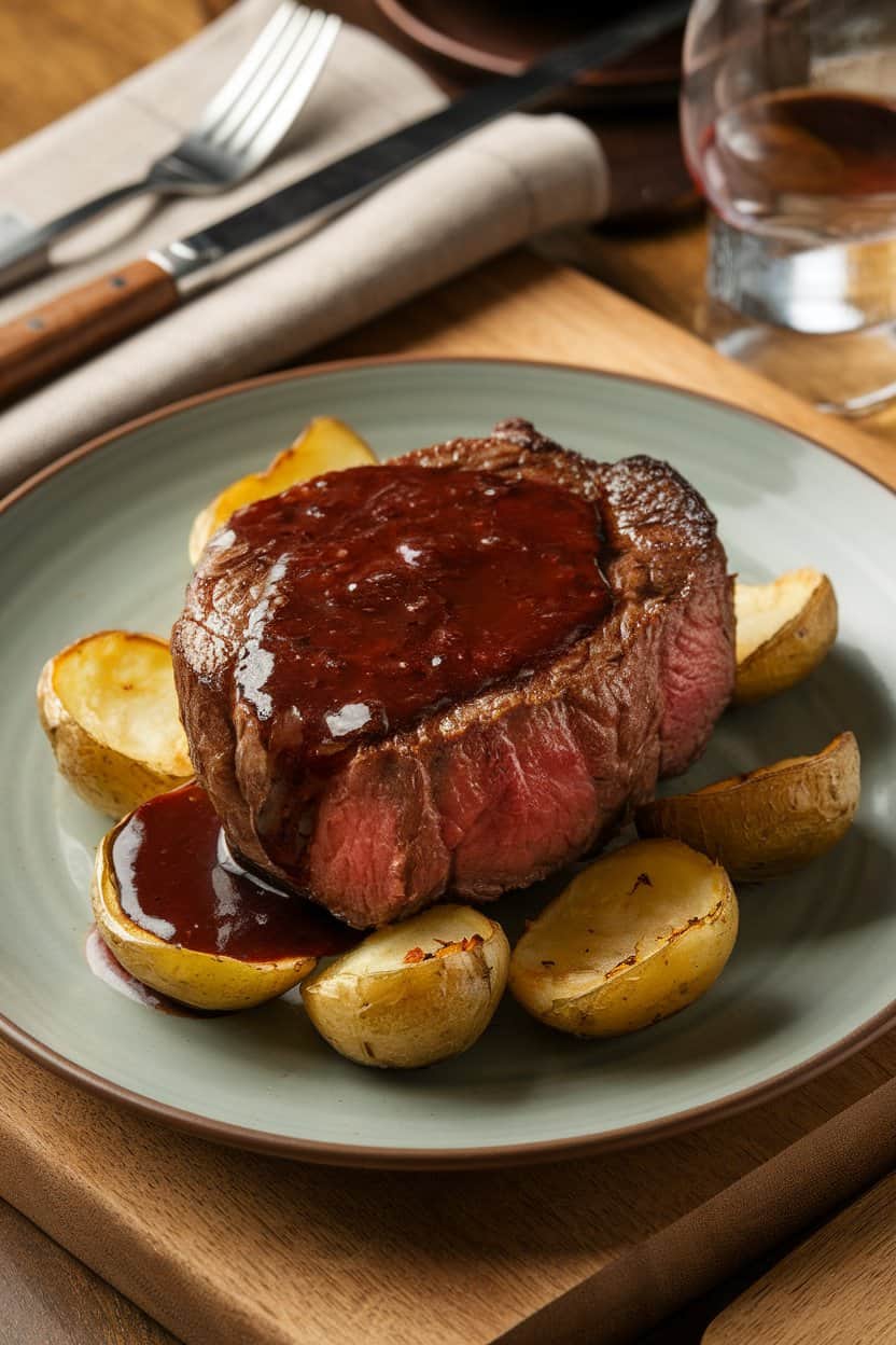 An indoor dinner plate showcasing a medium-rare filet mignon topped with glossy red wine sauce, roasted fingerling potatoes on the side. No logos in scene.