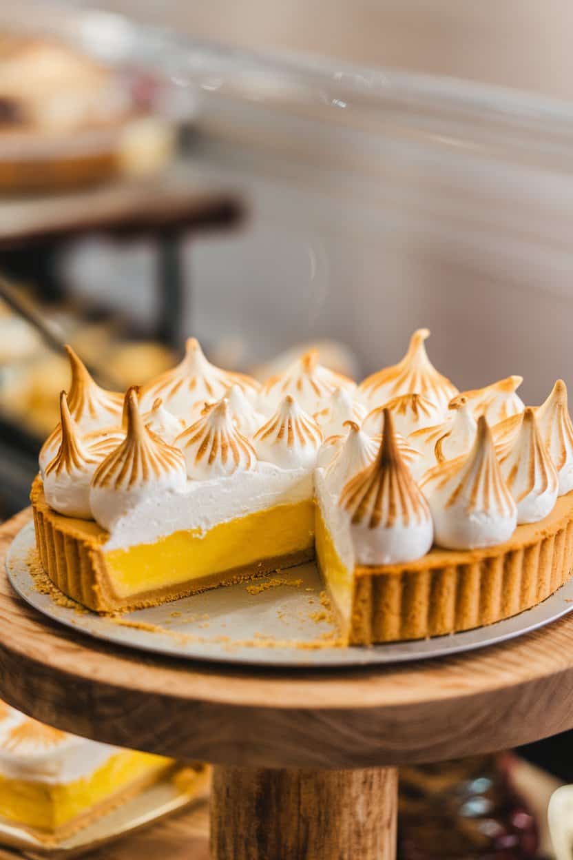 Indoor bakery display of a lemon meringue pie with tall, browned peaks, a slice removed to reveal vibrant yellow curd. No text or logos. Photo.
