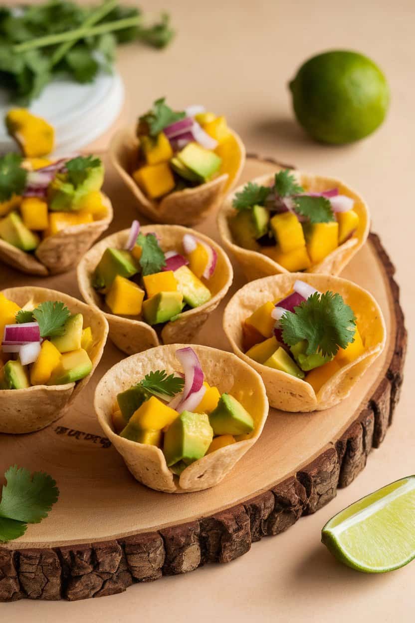 An indoor serving board with mini tortilla cups brimming with diced avocado, mango, red onion, and cilantro, lime wedge nearby. No text or logos.
