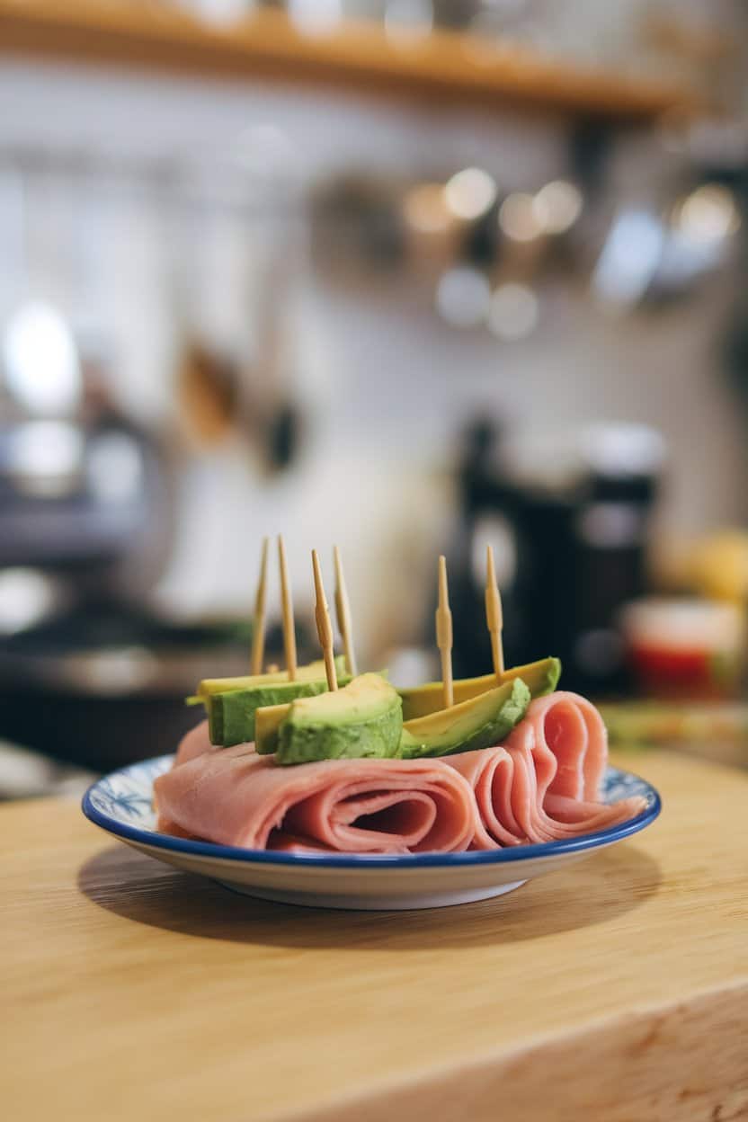 Indoor photo of thin deli turkey slices wrapped around avocado strips and secured with toothpicks on a small plate; no text or logos shown.