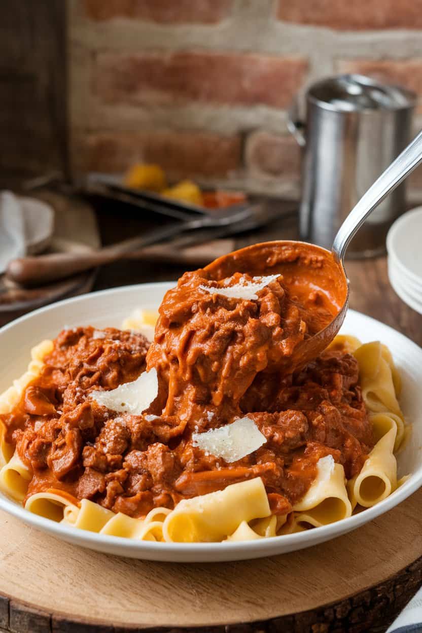 Indoor photo of rich beef ragù ladled over pappardelle, sprinkled with Parmesan—no visible branding