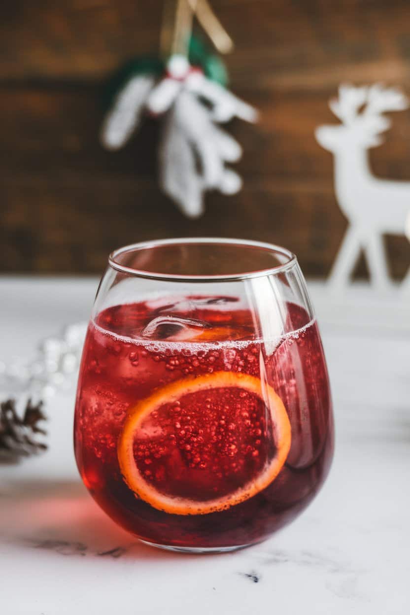 Indoor holiday-style photo of a stemless glass with deep red cranberry drink, thin orange wheel inside, effervescent bubbles; no text or logos.