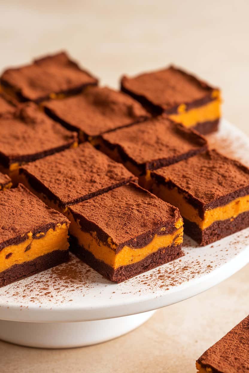 Indoor photo of mini brownie squares on a white platter, orange flecks hinting at sweet potato inside, dusting of cocoa powder on top. Soft bakery lighting, no text or logos.