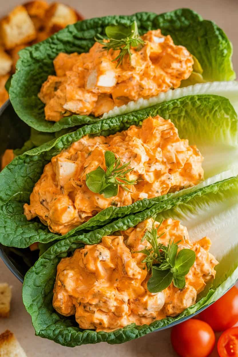 Indoor photo of crisp romaine leaves filled with buffalo-style chicken egg salad, orange hue visible, no text or logos