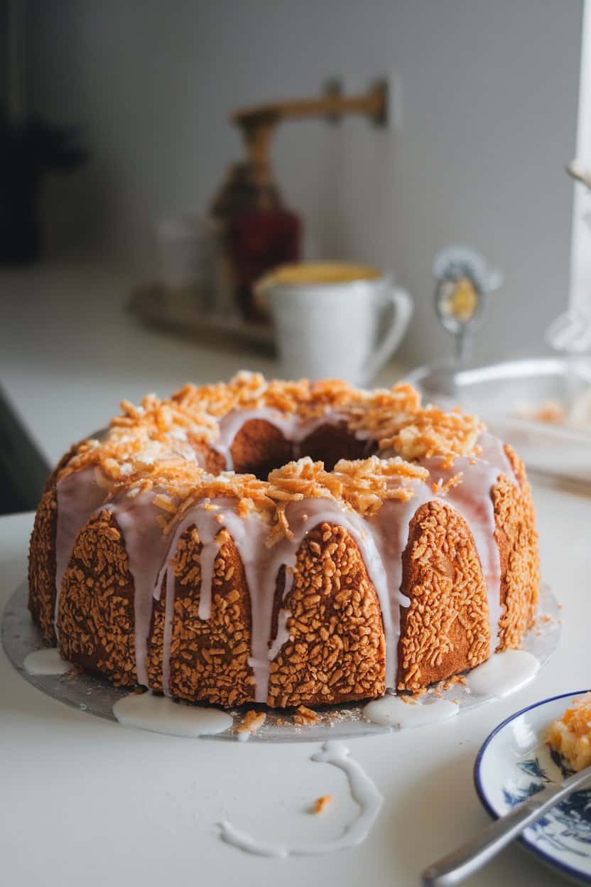 An indoor countertop shot of a King Cake topped with snowy shredded coconut and white glaze. No text or logos.