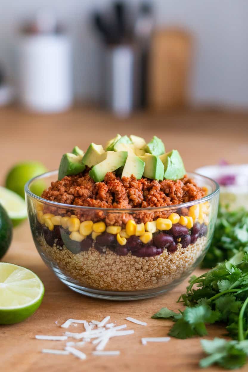 Indoor countertop with a shallow bowl layered with quinoa, taco-seasoned ground turkey, corn, black beans, and diced avocado. No text or logos.