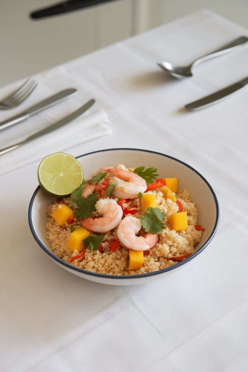 Indoor table with a bowl of couscous tossed with cooked pink shrimp, mango cubes, red bell pepper, and cilantro, lime wedge on rim. No text or logos, photo not illustration.