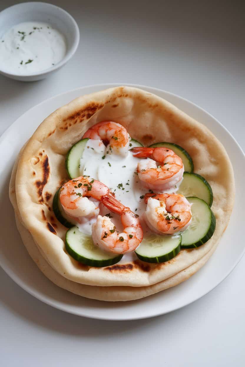 Indoor photo of a soft flatbread wrapped around tandoori-seasoned shrimp, cucumbers, and yogurt sauce. No text or logos present.