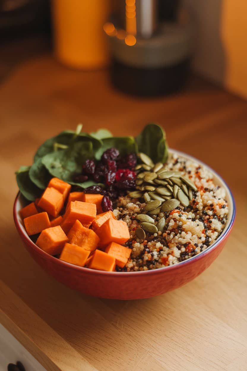 Photo of an indoor countertop displaying a colorful bowl of roasted sweet potato cubes, fluffy tri-color quinoa, baby spinach leaves, dried cranberries, and toasted pumpkin seeds. Warm lighting, no text or logos.