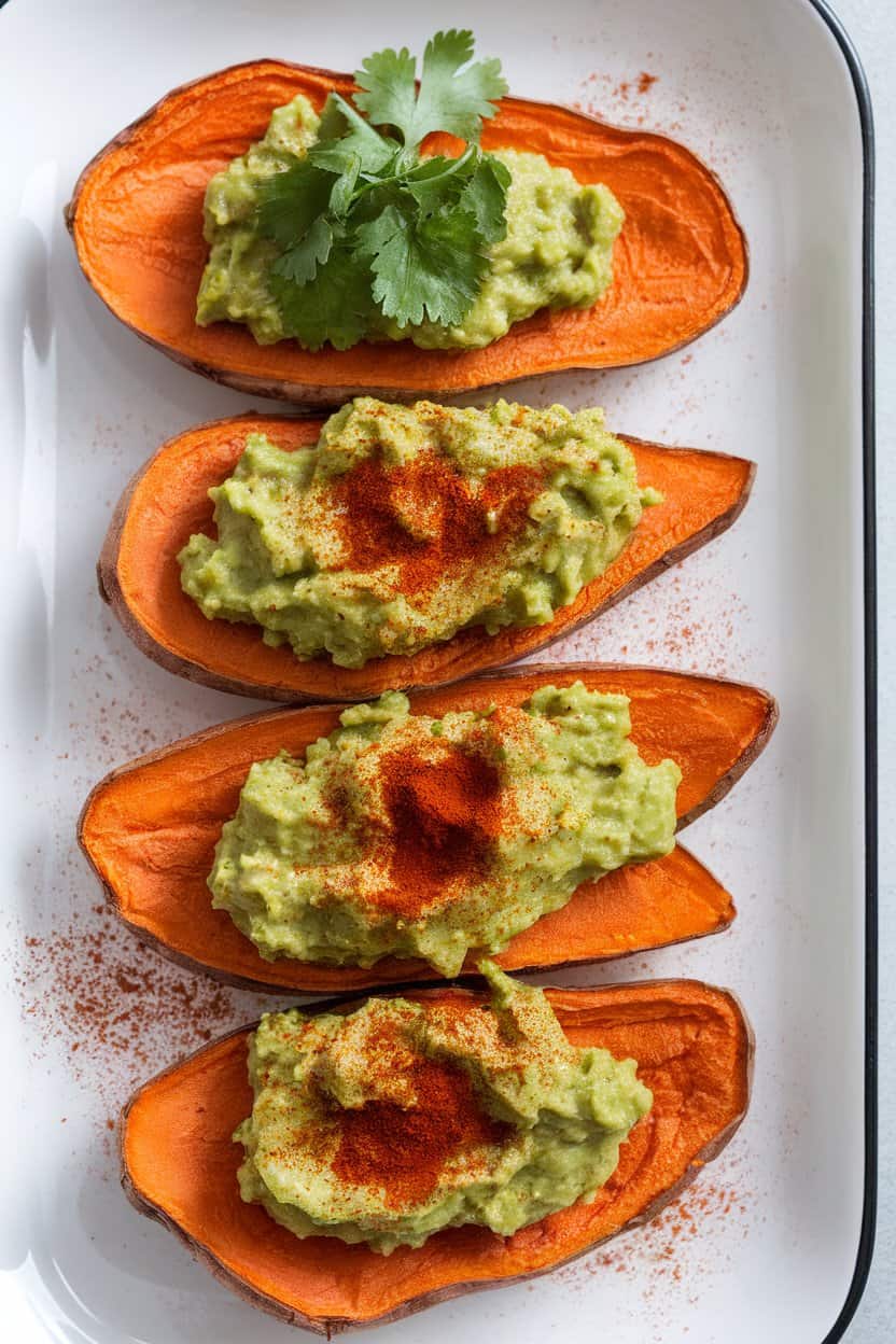 Indoor photo of roasted sweet potato slices topped with chunky guacamole and a sprinkle of smoked paprika on a white platter. No text or logos.