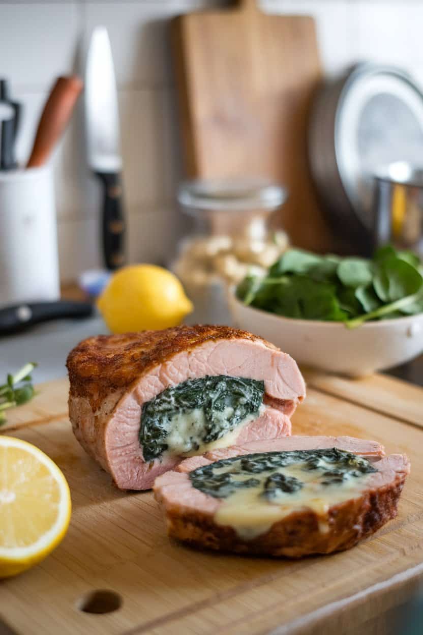 A cozy indoor kitchen counter with a sliced stuffed pork chop revealing creamy spinach filling, melted cheese oozing slightly, no text or logos. Photo only.