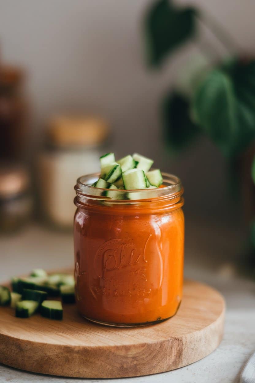 Photo of a lidded glass jar indoors holding vibrant roasted red pepper gazpacho with a garnish of cucumber dice on top. No text or logos in scene.