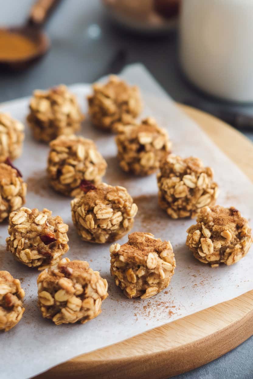 Indoor photo of small oat energy bites dotted with dried apples and cinnamon, arranged on parchment; no text or logos