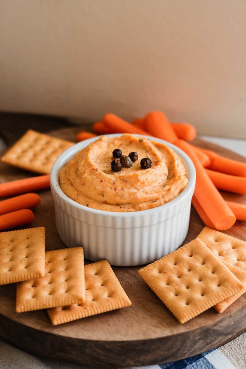 Indoor ramekin filled with creamy pimento cheese, surrounded by saltine crackers and carrot sticks, no logos visible.
