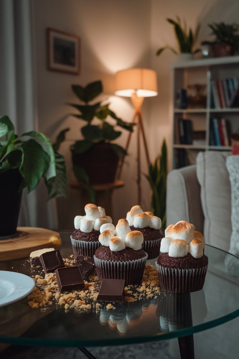 An indoor evening scene with chocolate cupcakes, toasted marshmallow frosting peaks, and small chocolate squares plus graham cracker crumbs. No text or logos.