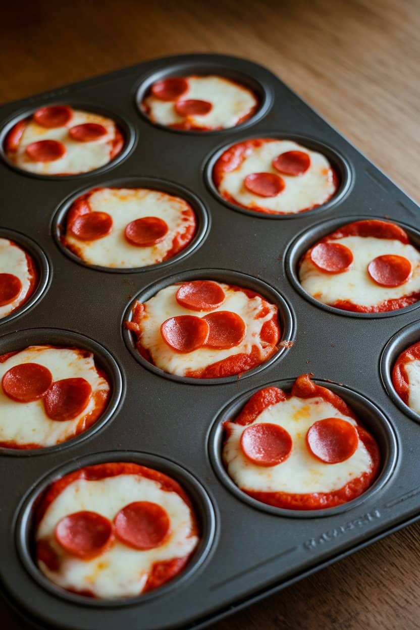 An indoor muffin tin filled with small golden pizza cups, melted cheese and mini pepperonis on top. No text or logos. Photo only.