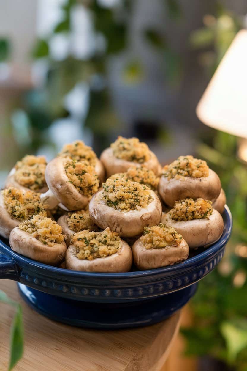 Indoor photo of baked button mushrooms filled with herbed breadcrumbs on a ceramic platter. No text or logos.