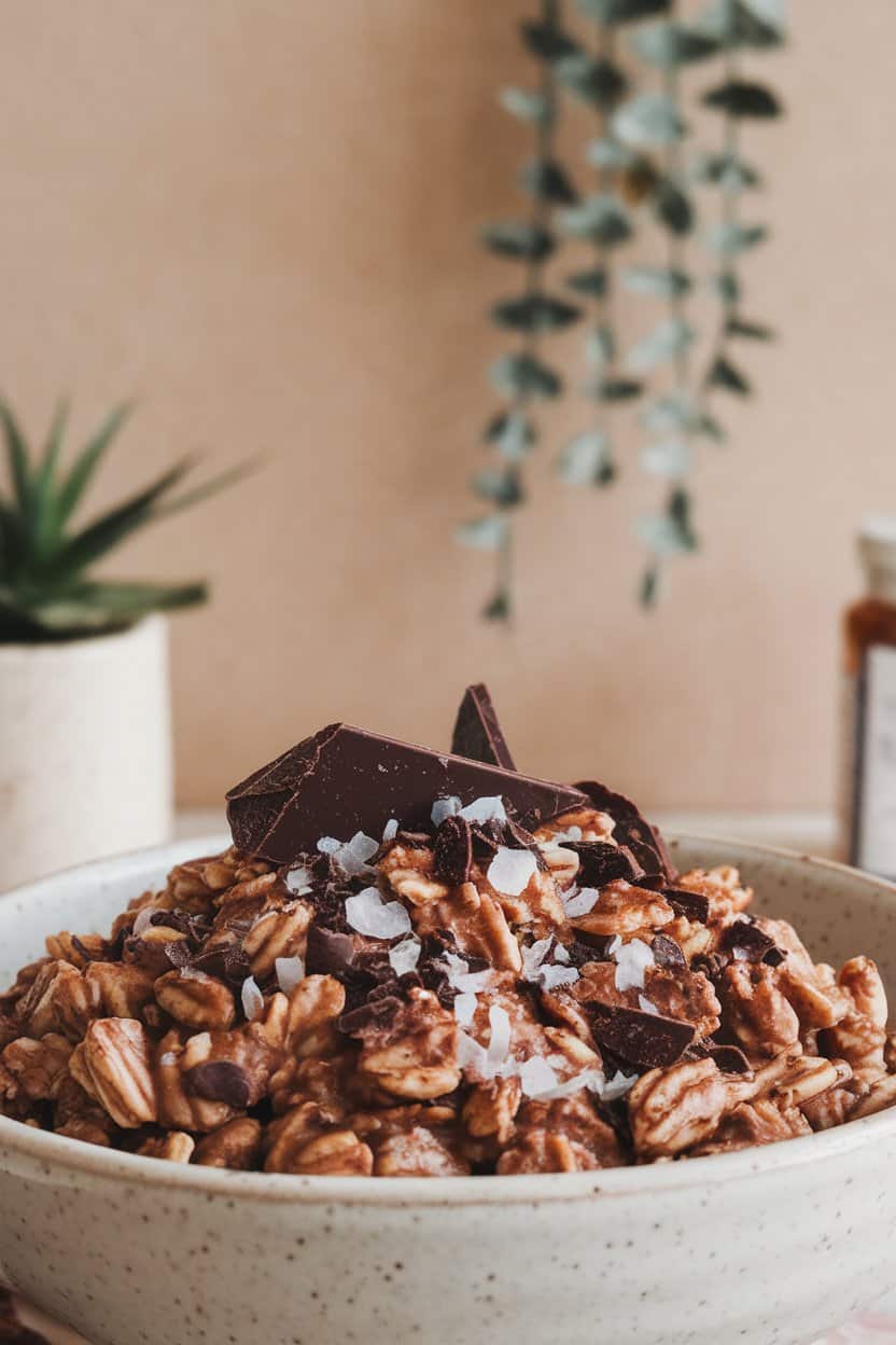Indoor photo of deep cocoa oats sprinkled with flaky sea salt and shavings of dark chocolate; no text or logos.