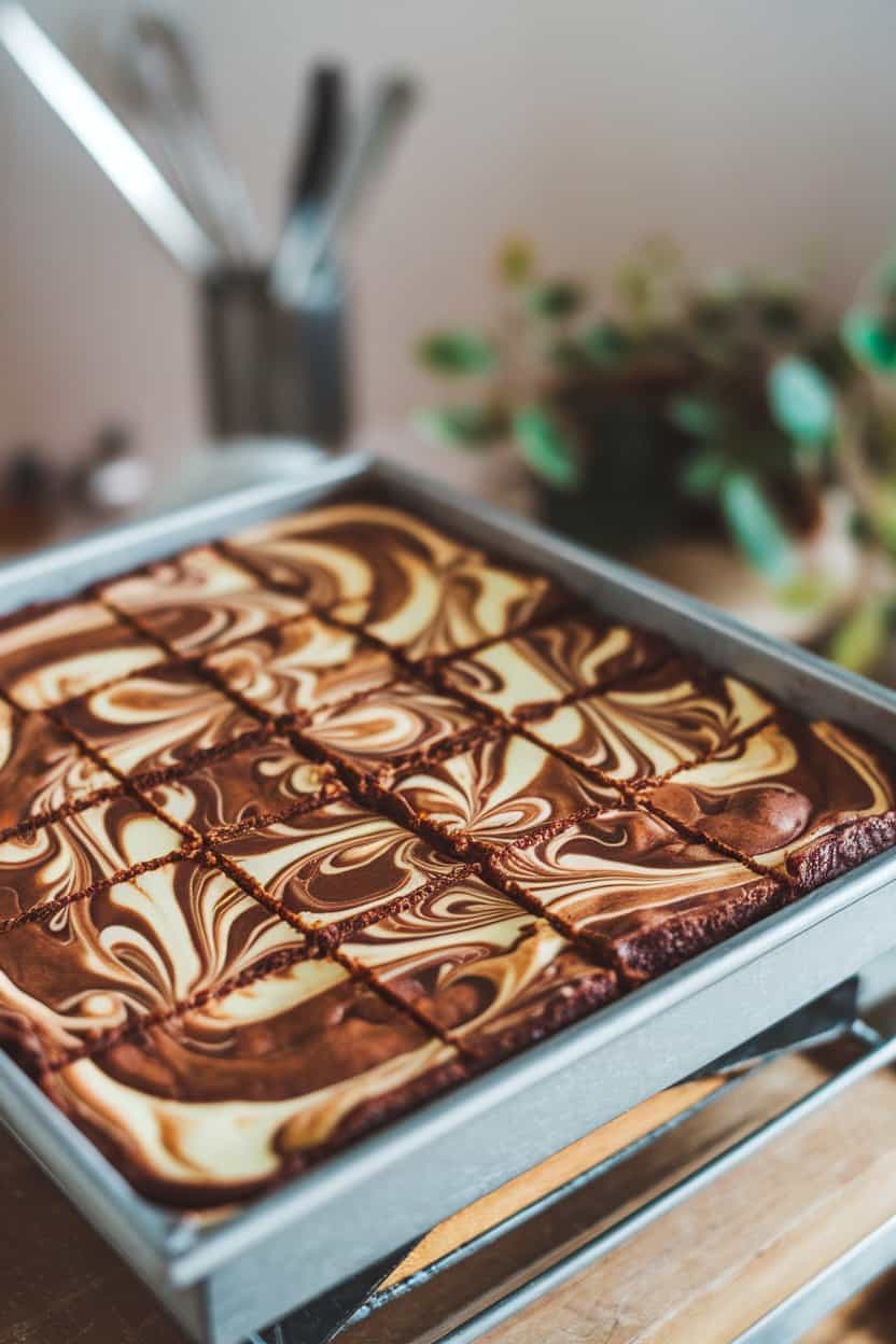 Indoor image of brownies with visible espresso cream cheese swirls, cut into neat rectangles on a metal tray, no text or logos.