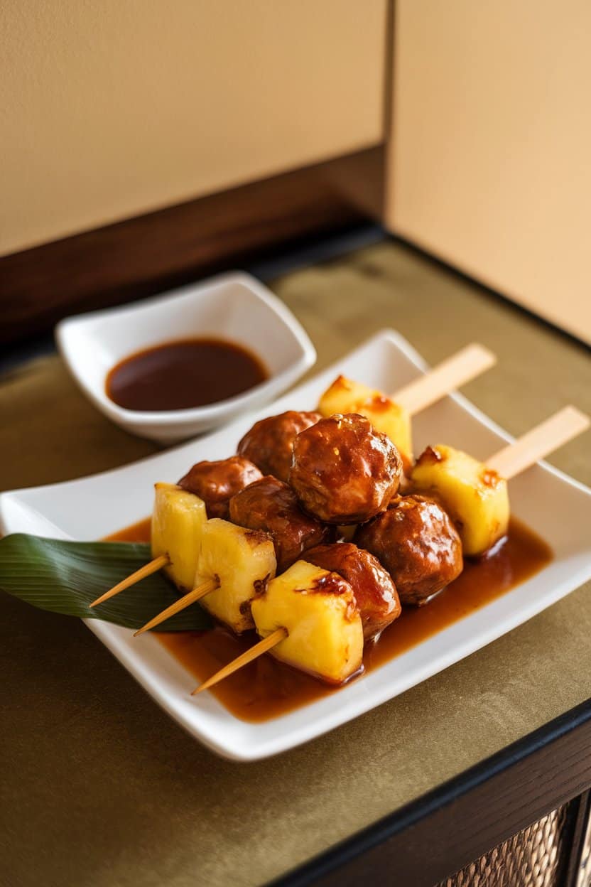Indoor photo of teriyaki-glazed meatballs with pineapple chunks on bamboo picks—warm light, no branding