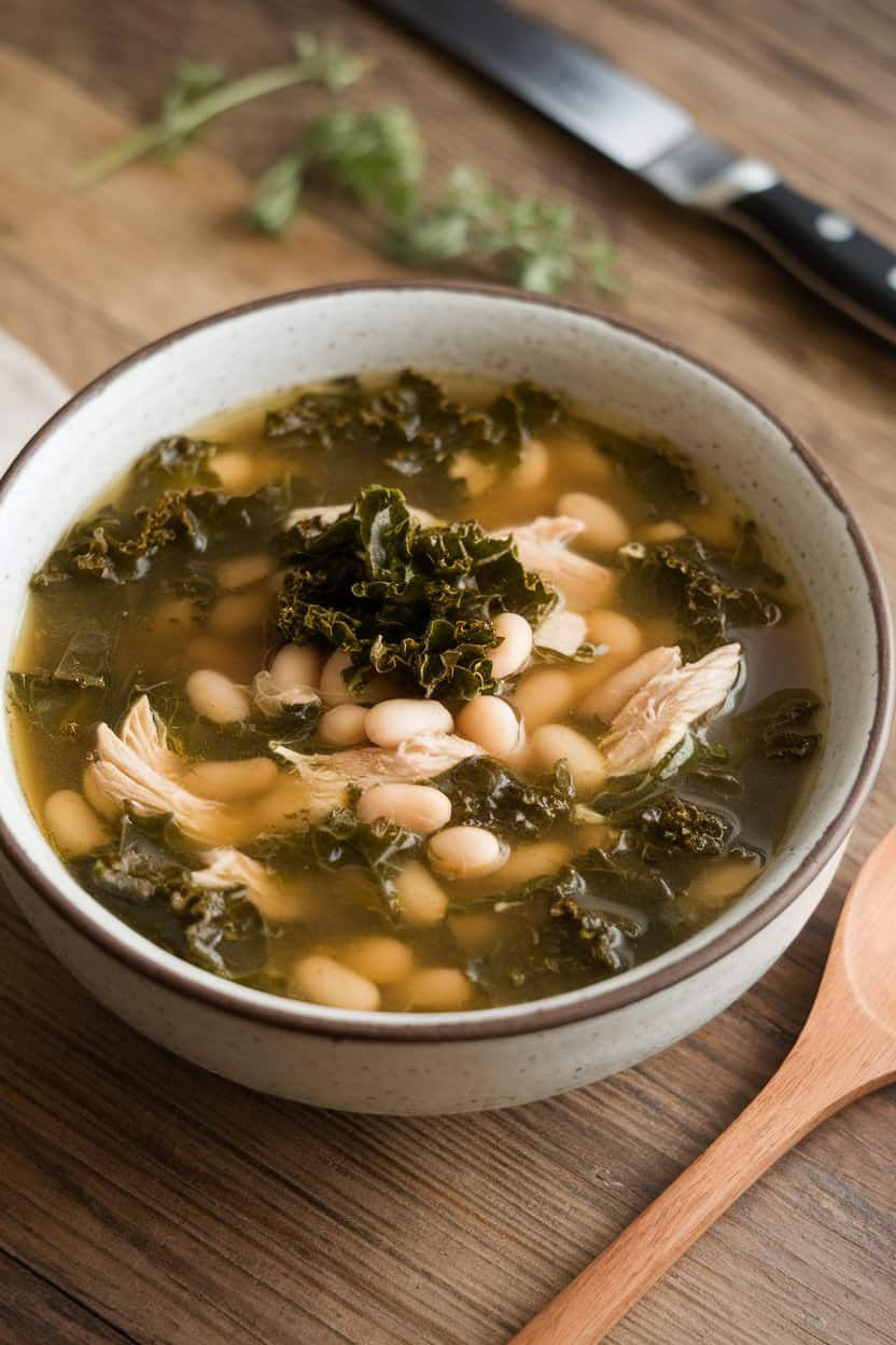Indoor scene featuring a rustic bowl of chicken soup loaded with kale ribbons and white beans; no text or logos.