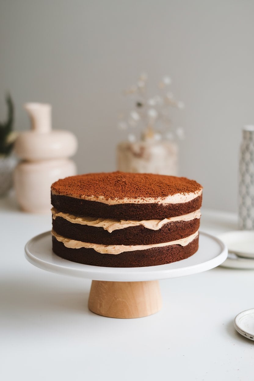 Layer cake with cocoa-dusted top and visible espresso-soaked layers, set indoors on a simple white cake stand. No text or logos.