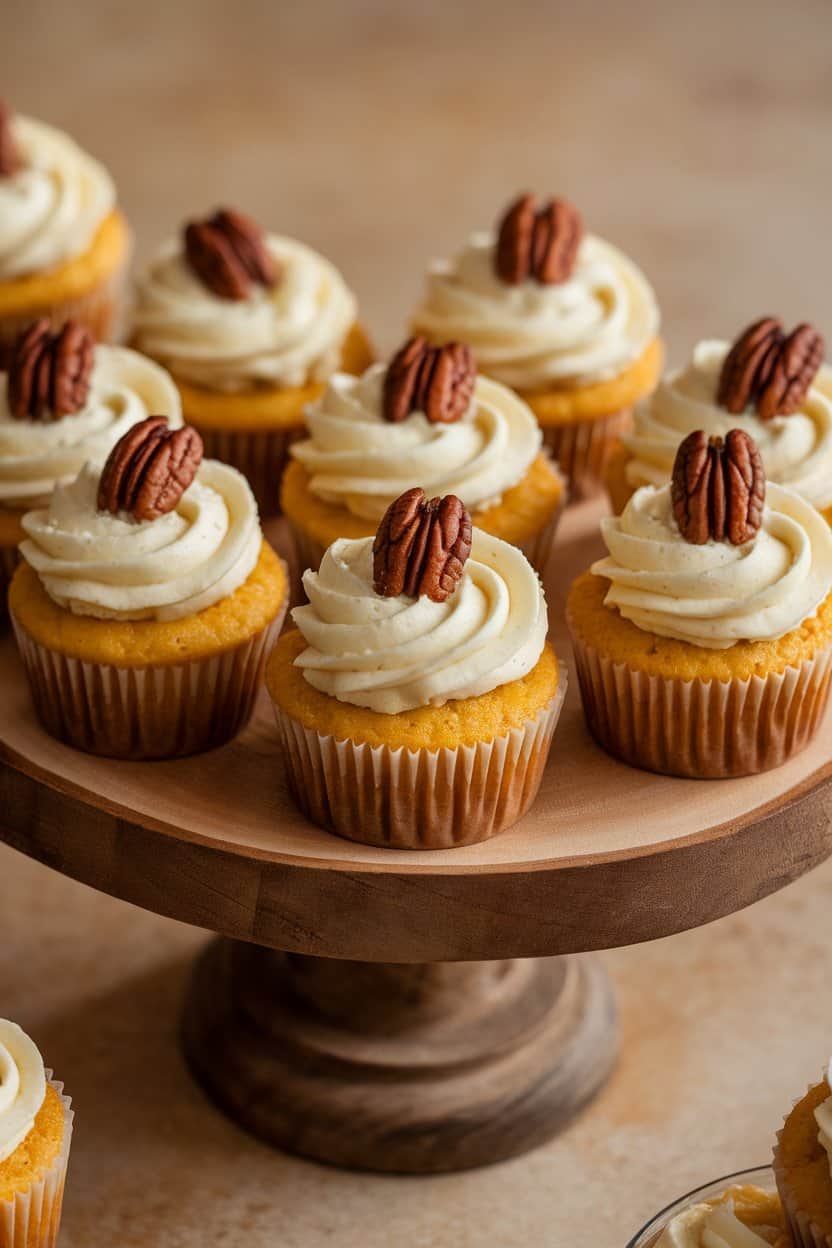 An indoor wooden cake stand holding banana-pineapple cupcakes topped with cream-cheese frosting and a toasted pecan. No text or logos.