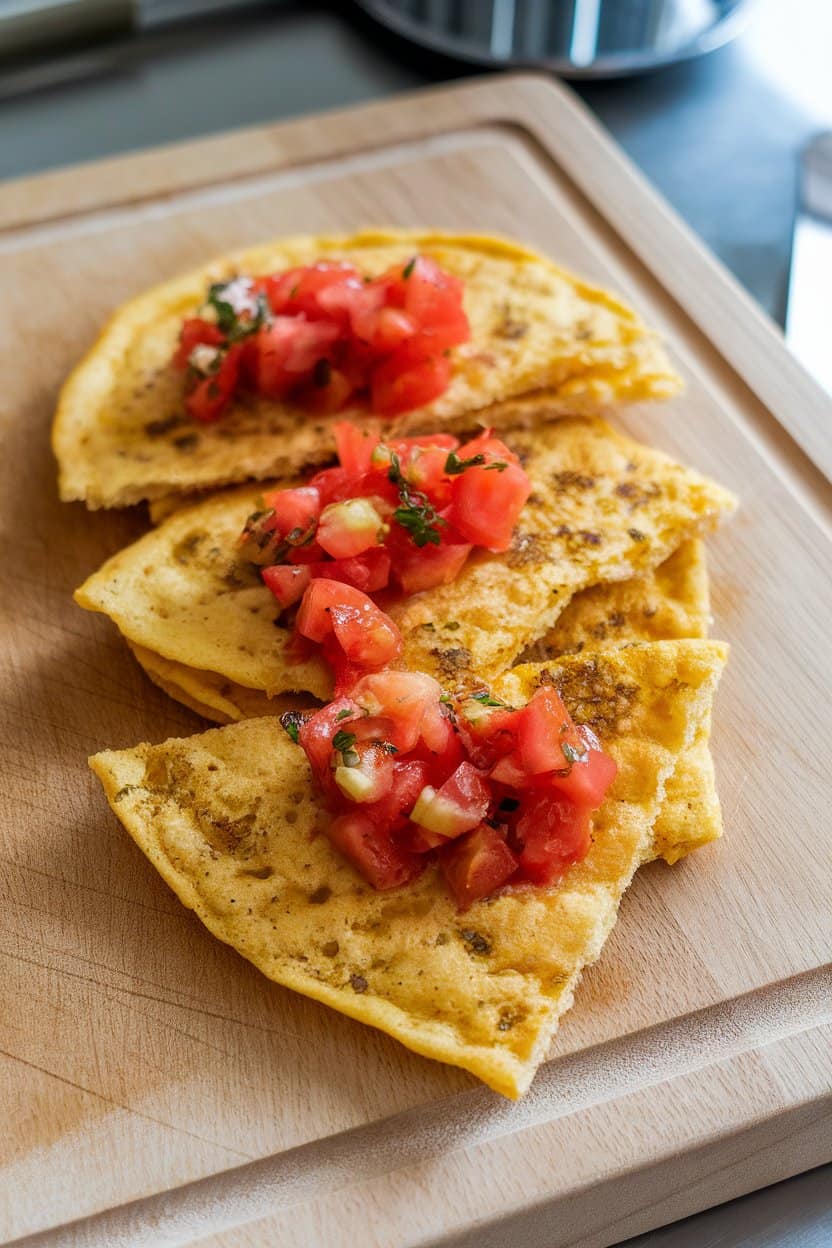 An indoor cutting board showing wedges of chickpea flatbread (socca) topped with diced tomato relish, no text or logos.