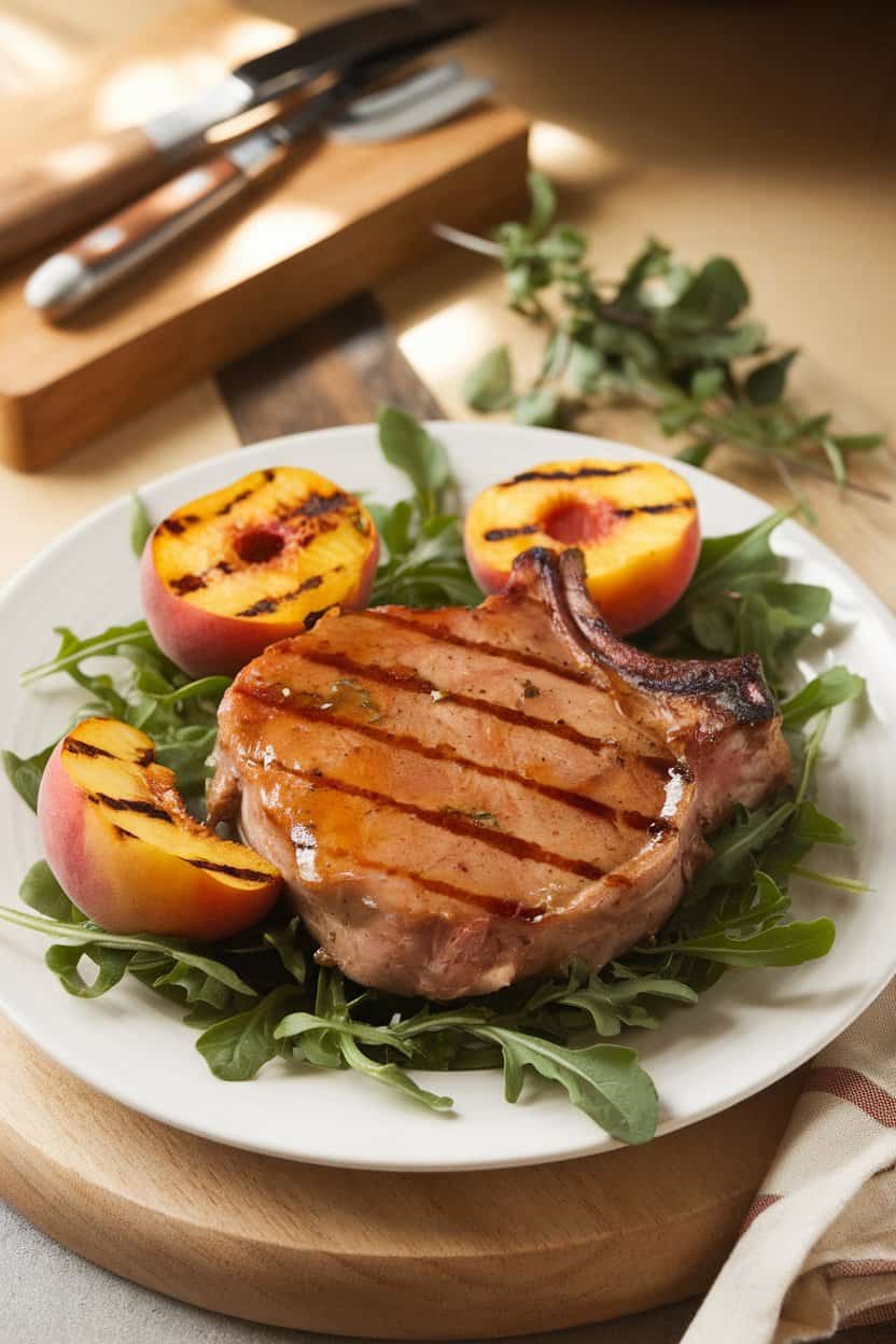 A softly lit indoor plate with a pork chop lacquered in peach-bourbon glaze, grilled peach halves alongside, no text or logos. Photo only.
