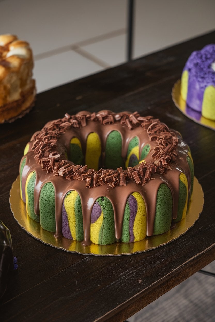 A King Cake ring with mocha-colored glaze and chocolate shavings on top, set indoors on a dark wooden table. No text or logos.