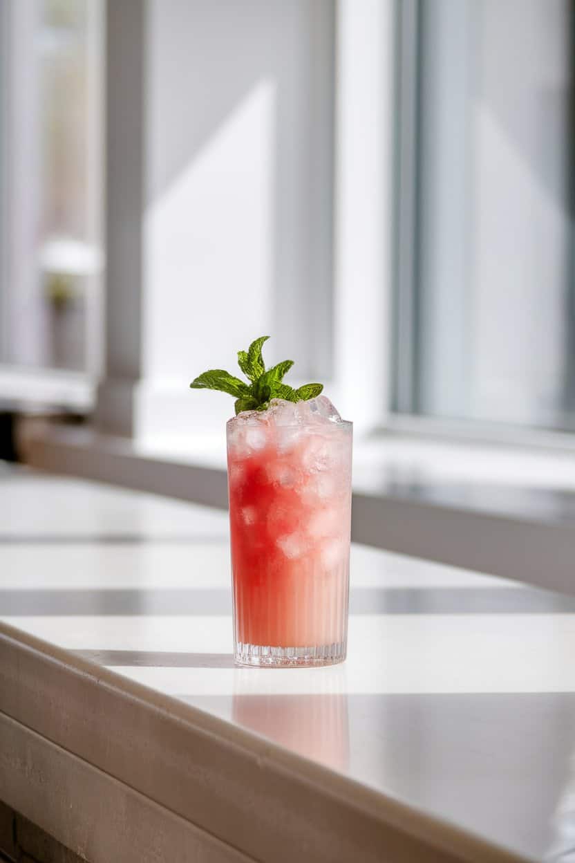Photo of an indoor counter with a tall Collins glass layered in crushed ice, watermelon-pink mocktail, mint bouquet garnish; daylight from window; no text or logos.