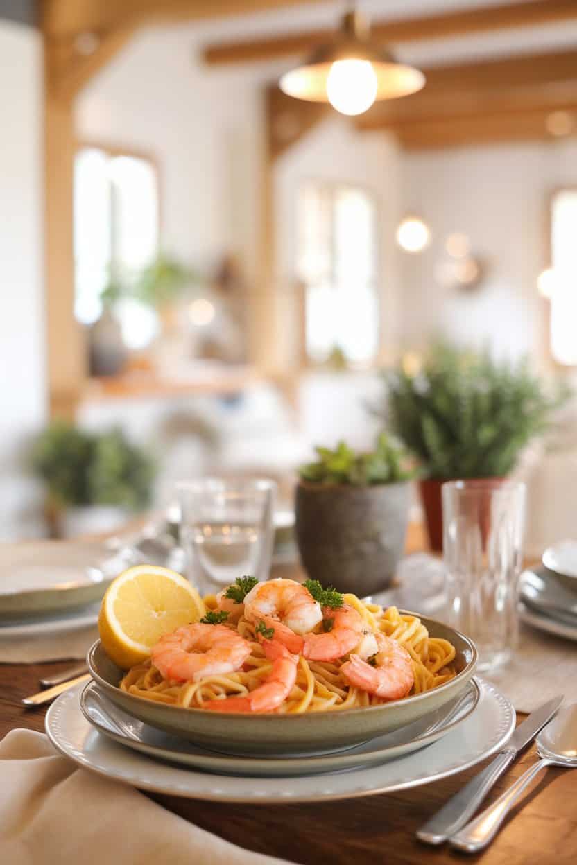 Photo of a warmly lit indoor dining table featuring a shallow bowl of linguine tossed with cooked shrimp, garlic-butter sauce, and parsley. A lemon wedge rests on the rim. No text or logos in the scene; photo style, not illustration.