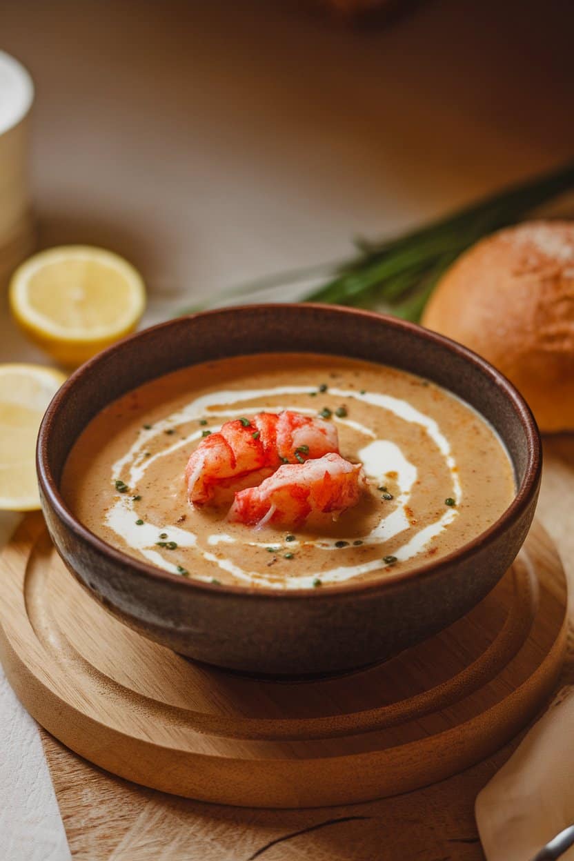 A warmly lit indoor bowl filled with creamy lobster bisque, drizzled with a touch of cream and sprinkled with chives. No text or logos present; photo only.